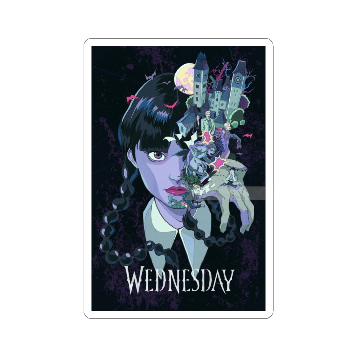 Wednesday Addams collage Kiss-Cut Sticker | Gothic TV character art | Wednesday Merch - alternate angle 1, merchandise