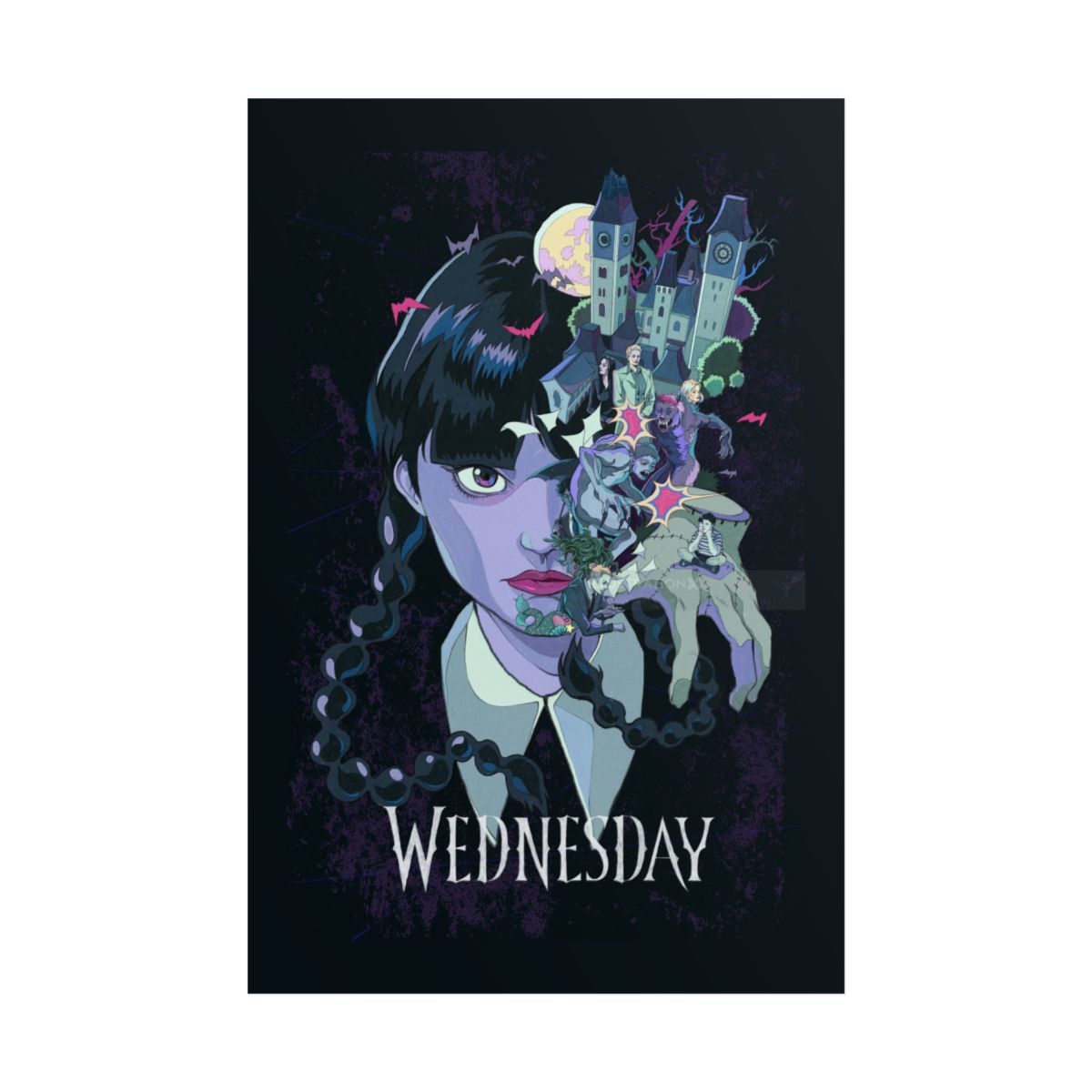 Wednesday character art Rolled Poster | gothic portrait, mansion illustration | Wednesday Merch - alternate angle 3, merchandise